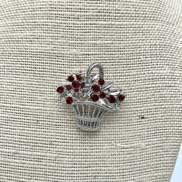 Vintage Silver Floral Basket Pin Brooch with Red Stones - Picture 2 of 6